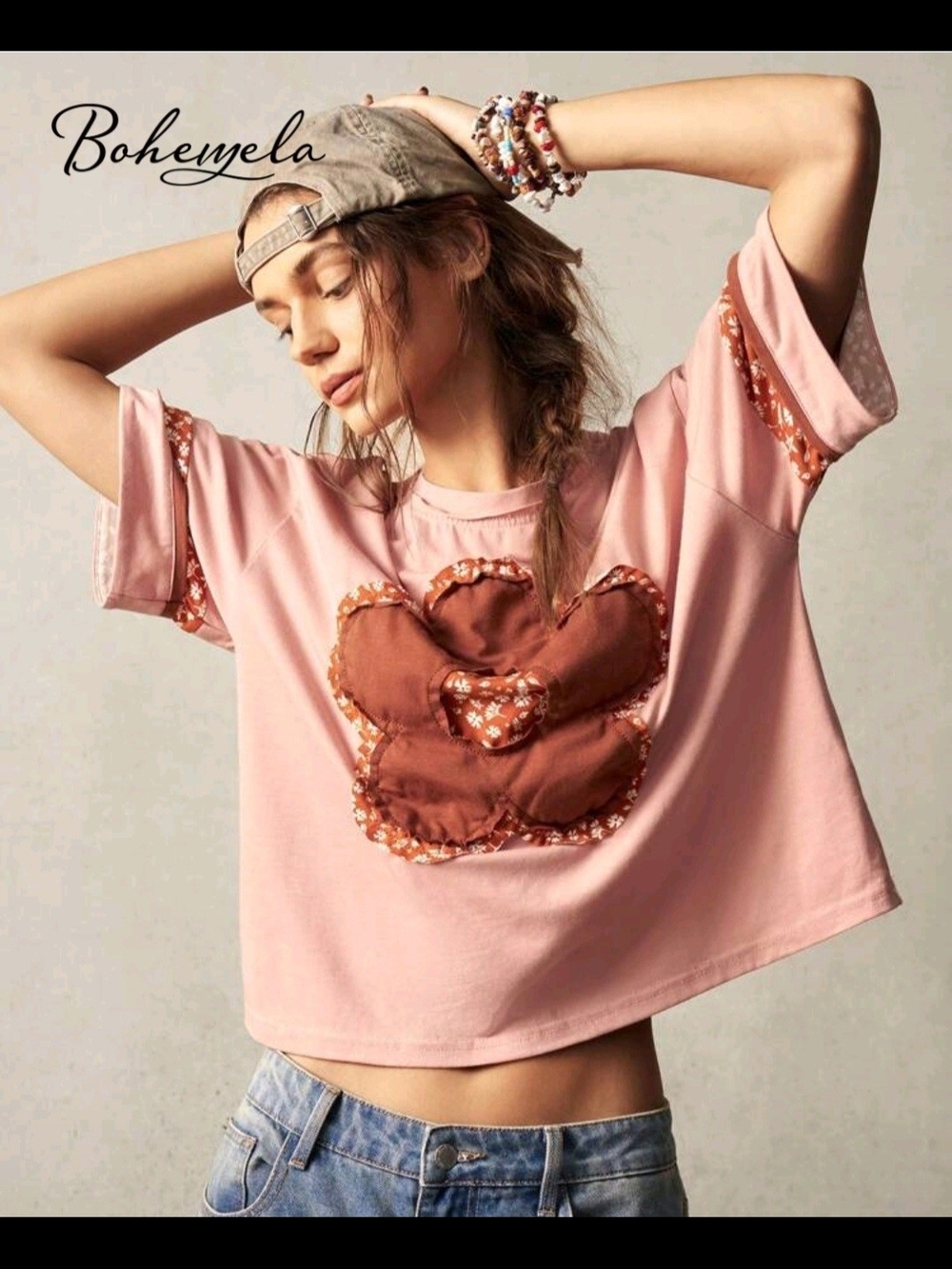 Pink Floral Appliqué Crop Tee